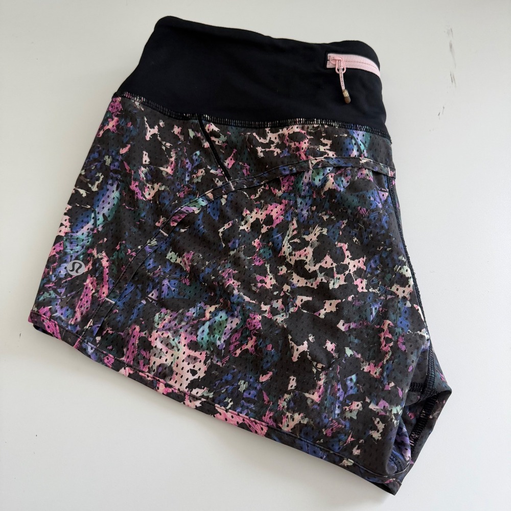 Lululemon Run Times Running Shorts Black Multi Color Abstract Print Size 8